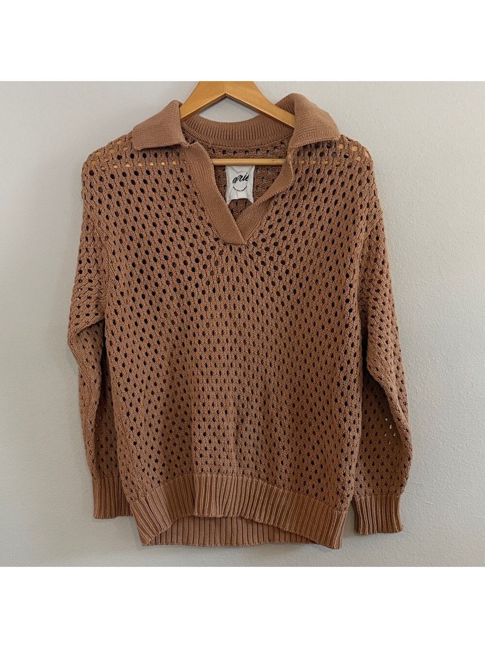 Aerie Tan Oversized Open Knit Polo Sweater [MEL0188] - Picture 3 of 8